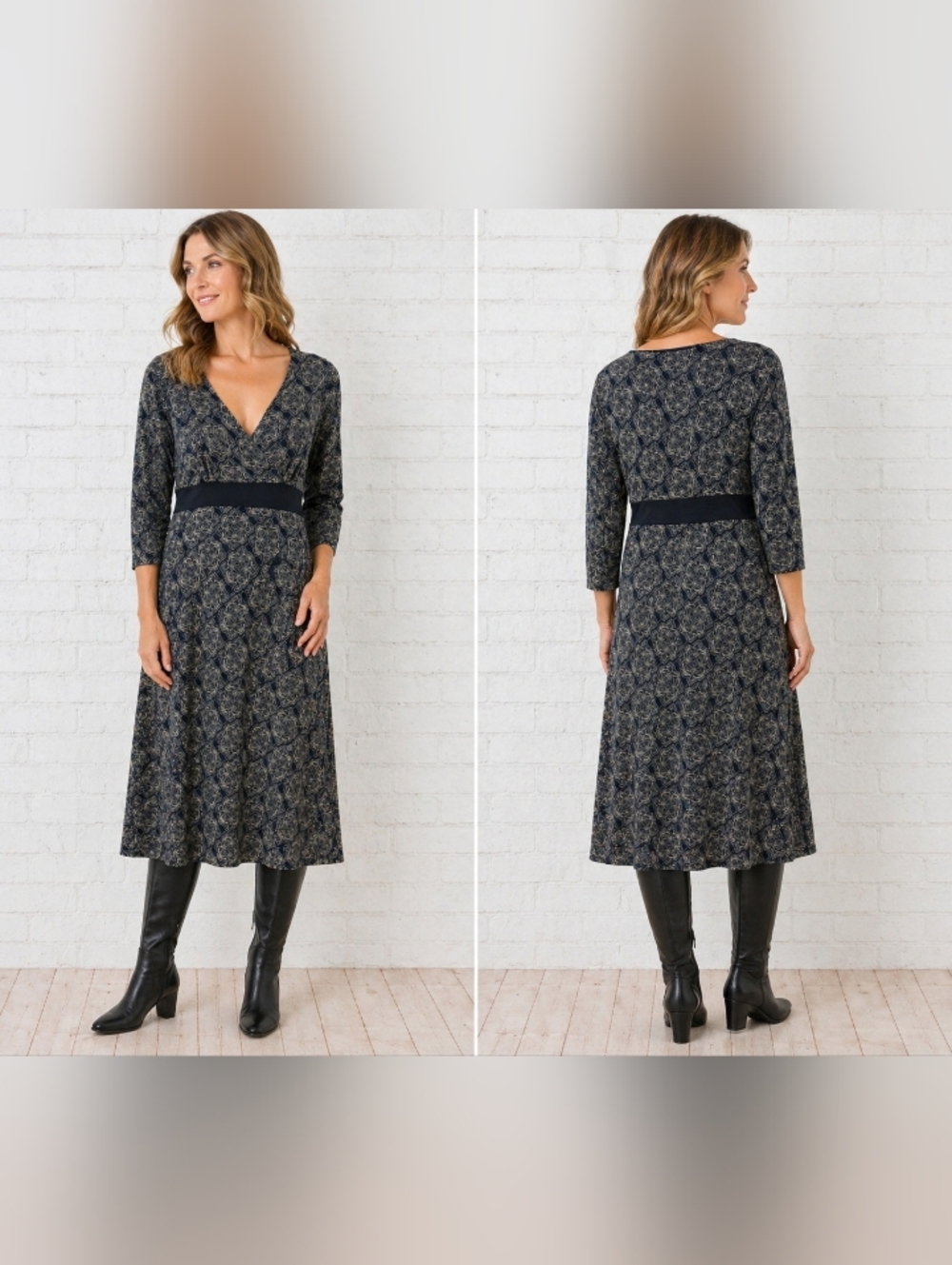 ann taylor loft midi dress size 8 geometric print v neck fit flare